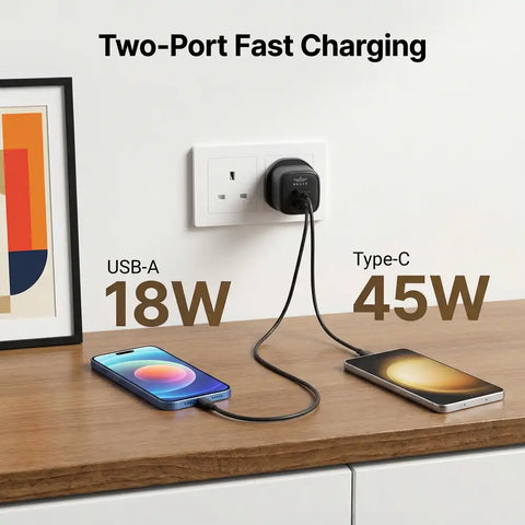 BRAVE BTC-43 45W GaN USB-C & USB-A Super Fast Charger with 60W Type-C Cable - Black