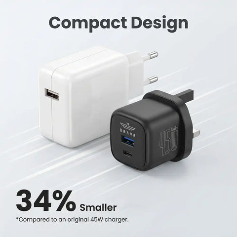 BRAVE BTC-43 45W GaN USB-C & USB-A Super Fast Charger with 60W Type-C Cable - Black