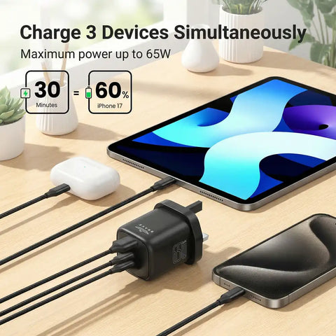 30W - 65W GaN USB + USB-C Wall Fast Charger with Type-C Cable