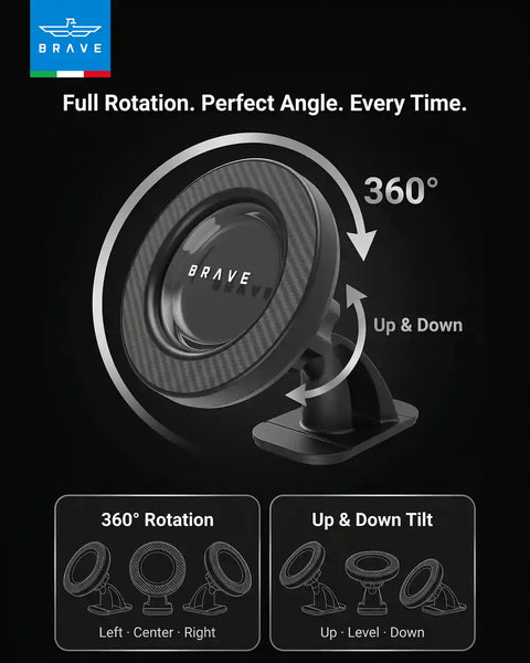 BRAVE 2-in-1 Magnetic Car Phone Holder, MagSafe Compatible Dashboard & Air Vent Mount, 360° Rotation, Strong N52 Magnet - Black