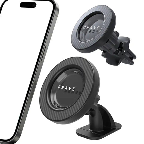BRAVE 2-in-1 Magnetic Car Phone Holder, MagSafe Compatible Dashboard & Air Vent Mount, 360° Rotation, Strong N52 Magnet - Black