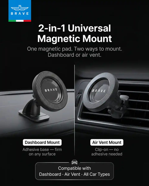 BRAVE 2-in-1 Magnetic Car Phone Holder, MagSafe Compatible Dashboard & Air Vent Mount, 360° Rotation, Strong N52 Magnet - Black