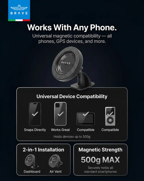 BRAVE 2-in-1 Magnetic Car Phone Holder, MagSafe Compatible Dashboard & Air Vent Mount, 360° Rotation, Strong N52 Magnet - Black