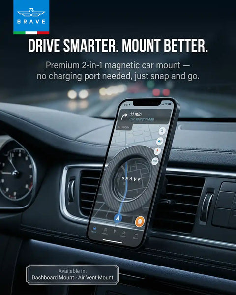 BRAVE 2-in-1 Magnetic Car Phone Holder, MagSafe Compatible Dashboard & Air Vent Mount, 360° Rotation, Strong N52 Magnet - Black