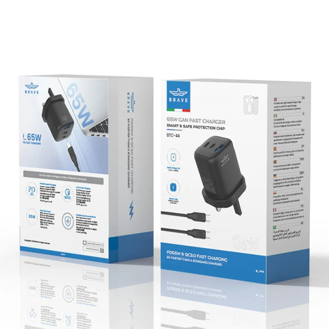 30W - 65W GaN USB + USB-C Wall Fast Charger with Type-C Cable