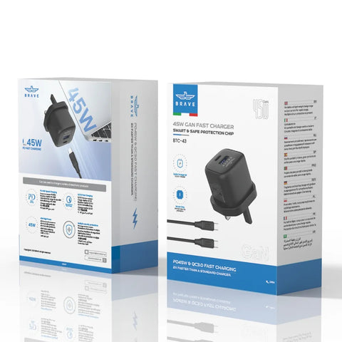 BRAVE BTC-43 45W GaN USB-C & USB-A Super Fast Charger with 60W Type-C Cable - Black