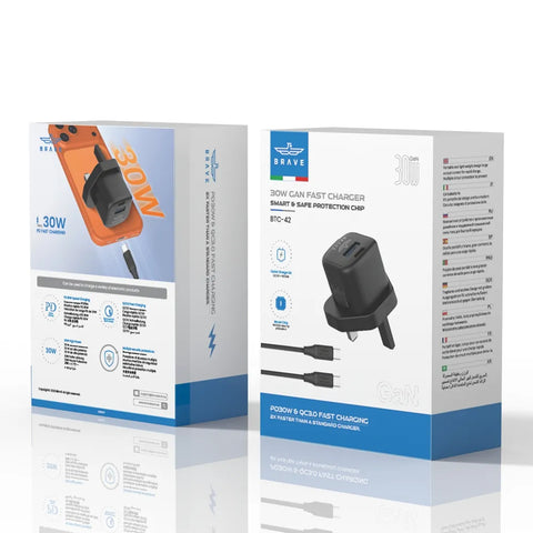 30W - 65W GaN USB + USB-C Wall Fast Charger with Type-C Cable