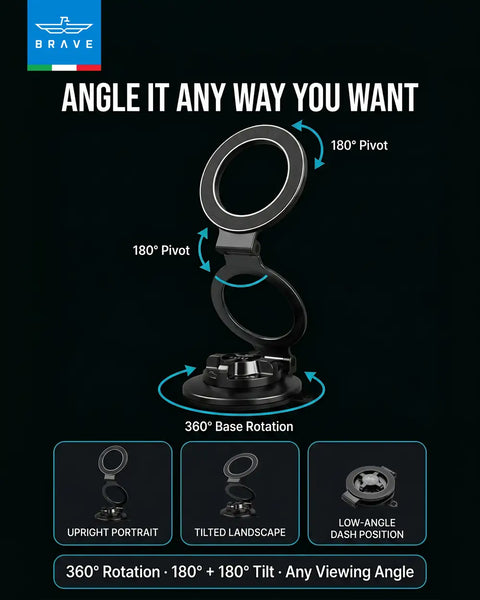 BRAVE BHL-62 Magnetic Vacuum Suction Car Mount, MagSafe Dashboard & Windshield Phone Holder, 360° Foldable Stand - Black