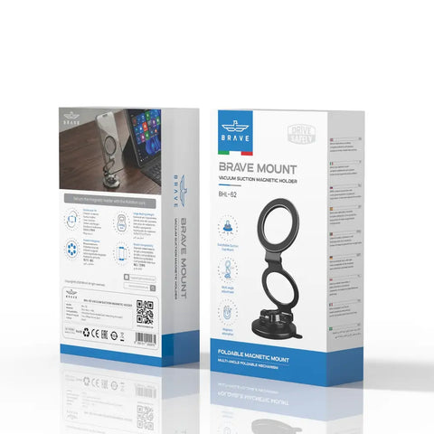 BRAVE BHL-62 Magnetic Vacuum Suction Car Mount, MagSafe Dashboard & Windshield Phone Holder, 360° Foldable Stand - Black
