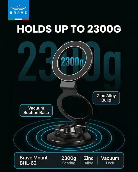 BRAVE BHL-62 Magnetic Vacuum Suction Car Mount, MagSafe Dashboard & Windshield Phone Holder, 360° Foldable Stand - Black