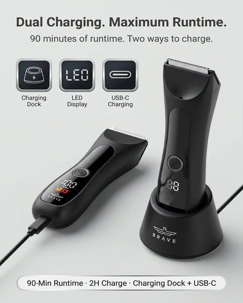 BHT-03 Body Hair Trimmer for Men, IPX7 Waterproof, 1200mAh Ceramic Blade Groomer with LED Light, USB-C & Charging Dock