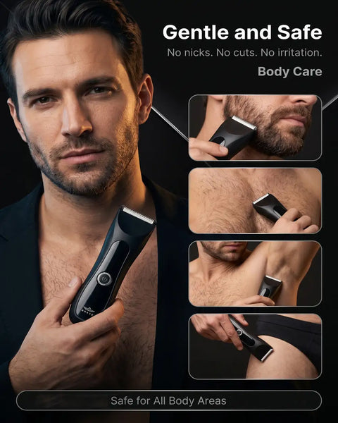 BHT-03 Body Hair Trimmer for Men, IPX7 Waterproof, 1200mAh Ceramic Blade Groomer with LED Light, USB-C & Charging Dock
