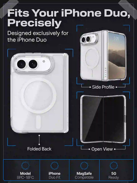BRAVE GUARD iPhone Duo Magnetic Case, MagSafe Compatible, 15FT Drop Protection, Anti-Yellowing, Shockproof Foldable Cover