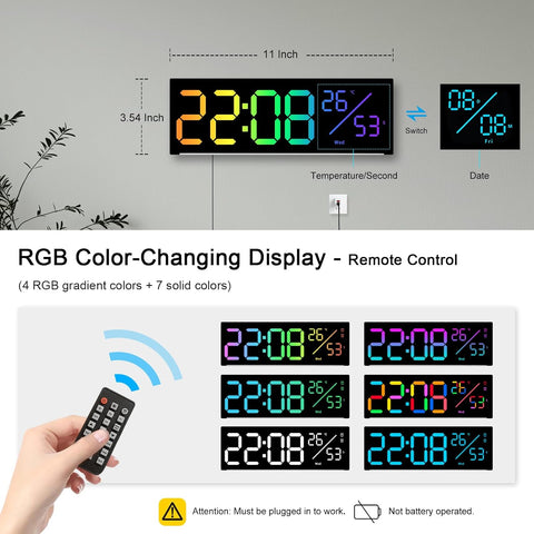 RGB Color LED Digital Wall Clock with Remote Control