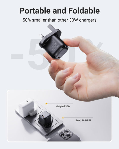 VOLTME Revo Mini 30W USB-C GaN Wall Charger with 1.2m Type-C Cable for iPhone Air, iPhone 17, iPad, MacBook Air – Compact Type-C Adapter with PD 3.0, QC 4.0, PPS – Safe, Durable, Fast Charging