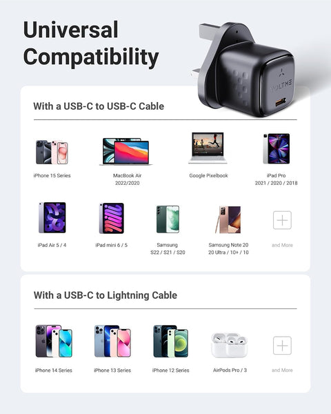 VOLTME Revo Mini 30W USB-C GaN Wall Charger with 1.2m Type-C Cable for iPhone Air, iPhone 17, iPad, MacBook Air – Compact Type-C Adapter with PD 3.0, QC 4.0, PPS – Safe, Durable, Fast Charging