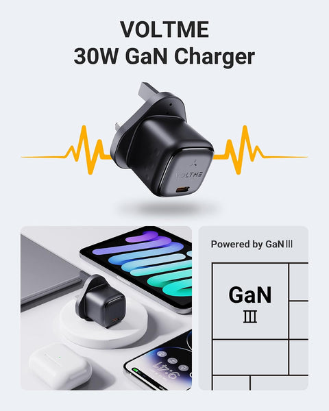 VOLTME Revo Mini 30W USB-C GaN Wall Charger with 1.2m Type-C Cable for iPhone Air, iPhone 17, iPad, MacBook Air – Compact Type-C Adapter with PD 3.0, QC 4.0, PPS – Safe, Durable, Fast Charging