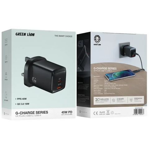 Green Lion G-Charge Series Dual Port Wall Charger 45W UK Plug