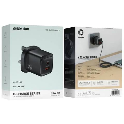 Green Lion G-Charge Series Dual Port Wall Charger 25W UK Plug
