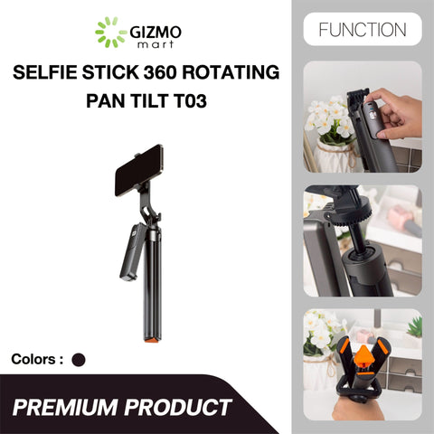 T03 Selfie Stick Auto Pop Open 360 Rotating Pan Tilt Black