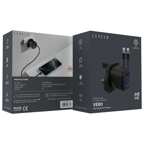 Vero GaN Single Port Adapter 20W with Type-C to Type-C