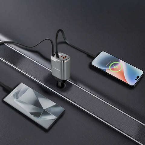 111W Car Charger with Lightning & Type-C Retractable Cables