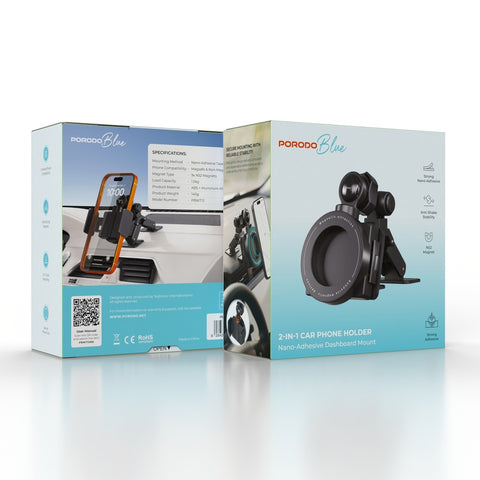 Porodo Blue 2-in-1 Car Phone Holder with Nano-Adhesive Dashboard Mount