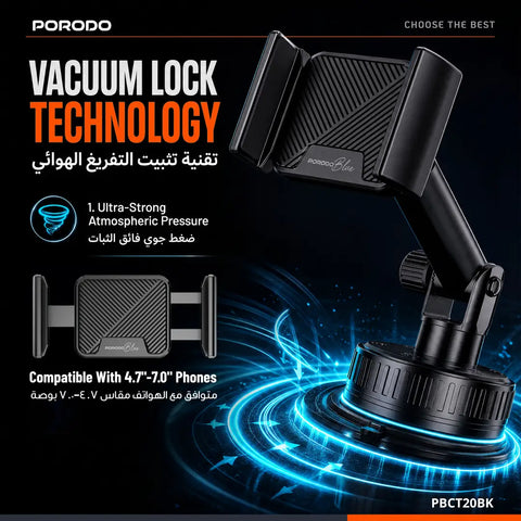 Porodo Blue Vaccum Suction Care Phone Mount Dashboard & Windshield Compatible