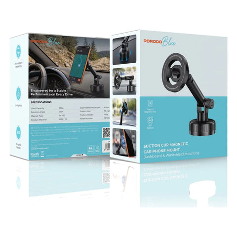 Porodo Blue Suction Cup Magnetic Car Phone Mount with Dashboard & Windshield Mounting
