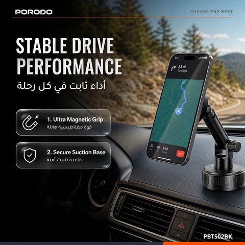 Porodo Blue Suction Cup Magnetic Car Phone Mount with Dashboard & Windshield Mounting