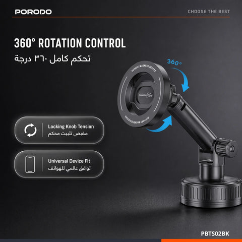 Porodo Blue Suction Cup Magnetic Car Phone Mount with Dashboard & Windshield Mounting