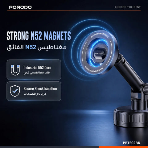 Porodo Blue Suction Cup Magnetic Car Phone Mount with Dashboard & Windshield Mounting