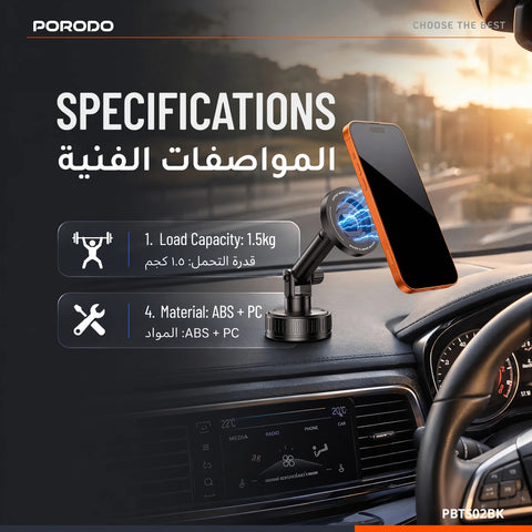 Porodo Blue Suction Cup Magnetic Car Phone Mount with Dashboard & Windshield Mounting