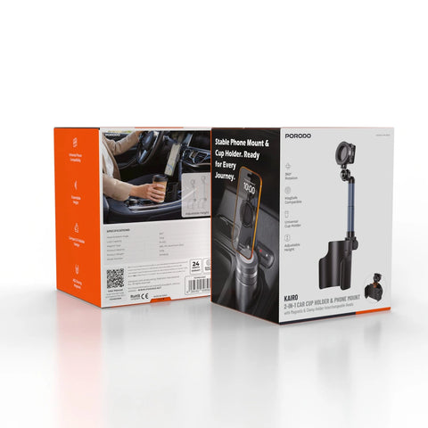 Porodo Kairo 2-in-1 Car Cup Holder & Phone Mount with Magnetic & Clamp Holder Interchangeable Heads