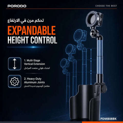 Porodo Kairo 2-in-1 Car Cup Holder & Phone Mount with Magnetic & Clamp Holder Interchangeable Heads