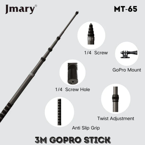 Jmary MT-65 3m Carbon Fiber Selfie Stick - Ultra Lightweight & Durable for Action Cameras and Smartphones
