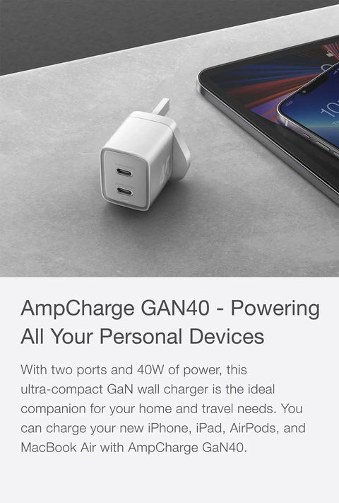 AmpCharge GaN40+ UK | 40W Dual USB-C GaN Wall Charger