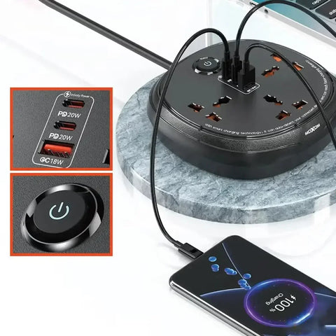 PD 20W Fast Charging Power Strip with Dual USB-C, QC 18W USB-A &amp; 4-Way UK Universal Sockets